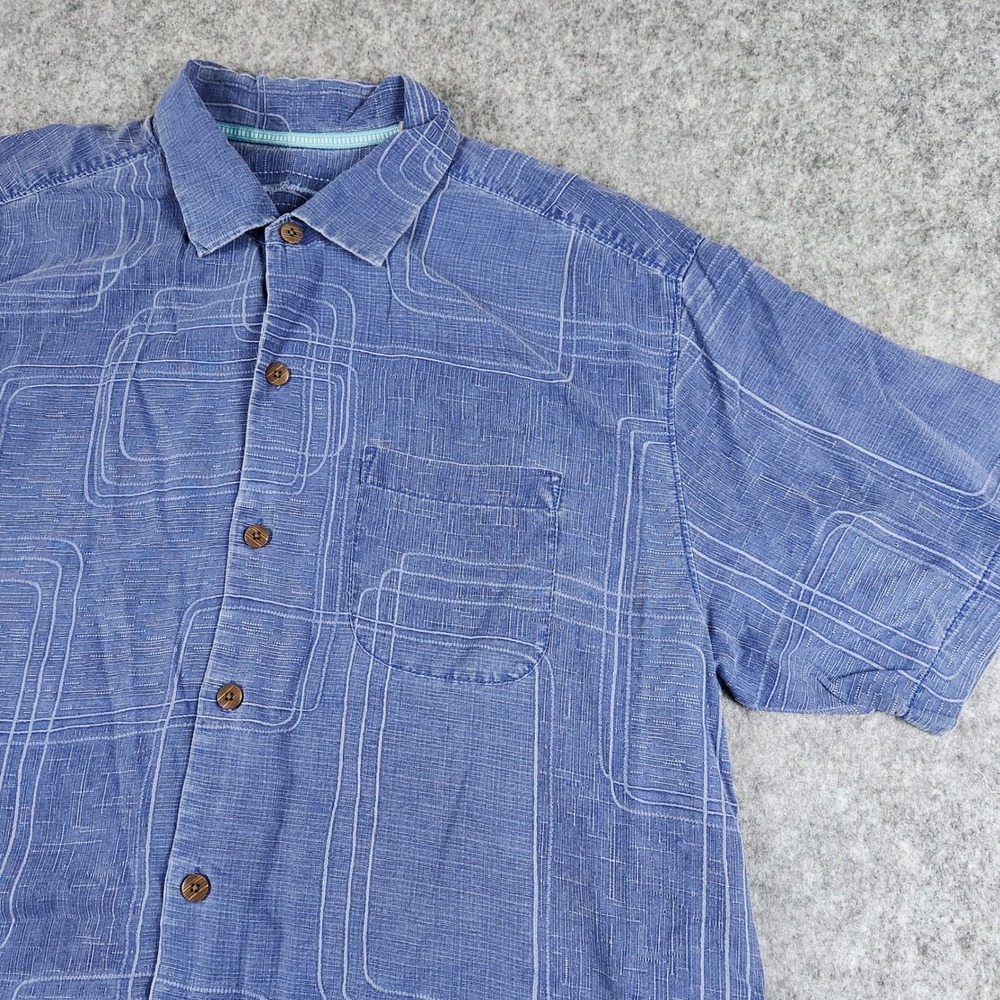 Tommy Bahama Shirt Men XL Blue Silk Aloha Geometric Resort Camp Summer Pocket